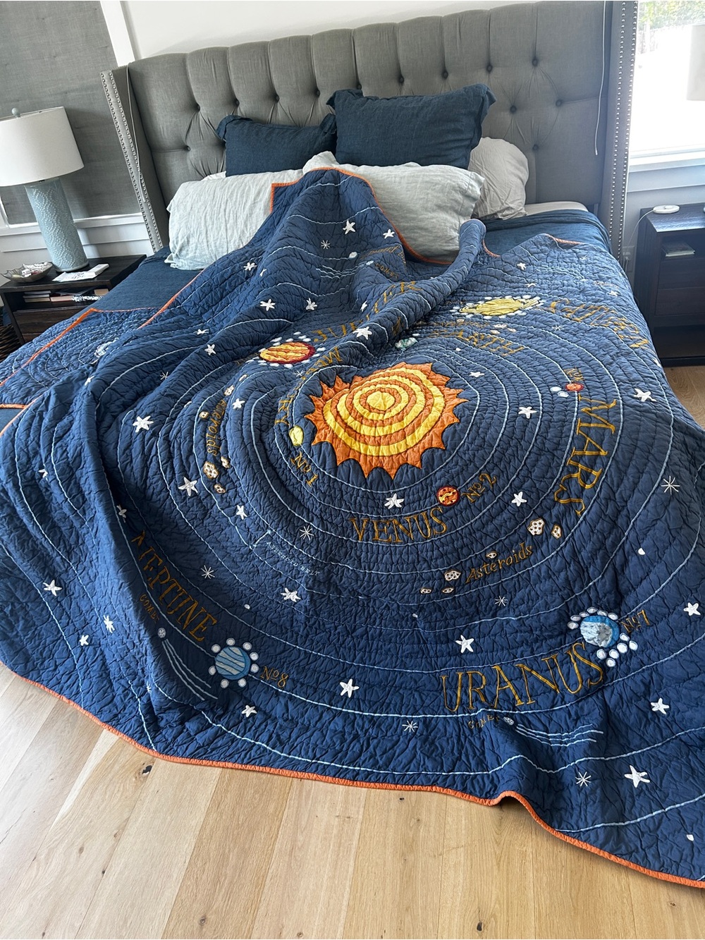 Crate&Barrel Navy Blue Solar System Quilted Bedspread with Orange Accents